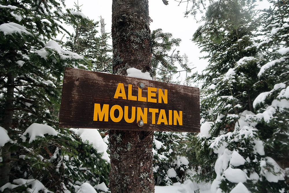 The summit sign on Allen Mountain.