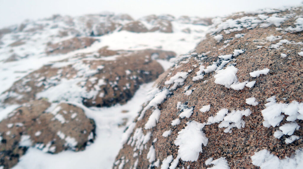 Rime ice on stones atop Cupid Peak.