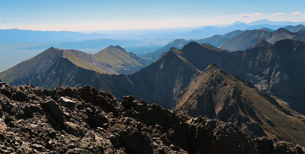Views to the south from Crestone Needle. The rugged Sangre de Cristo Mountains prove breathtaking every time.