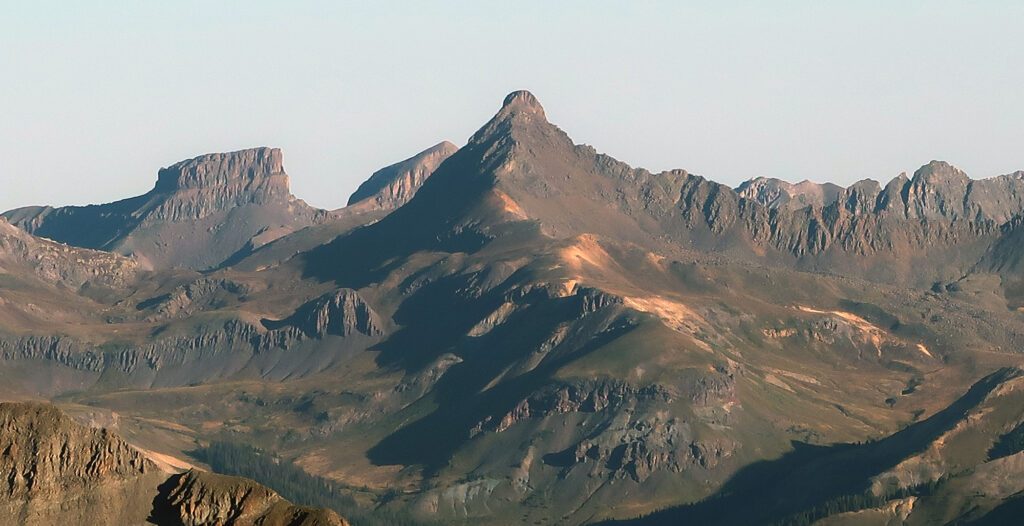 Wetterhorn Peak seen from a distance on Redcloud Peak.