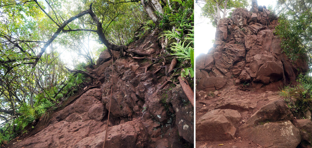 Two steep pitches with fixed rope en route to the first peak of Olomana Ridge.
