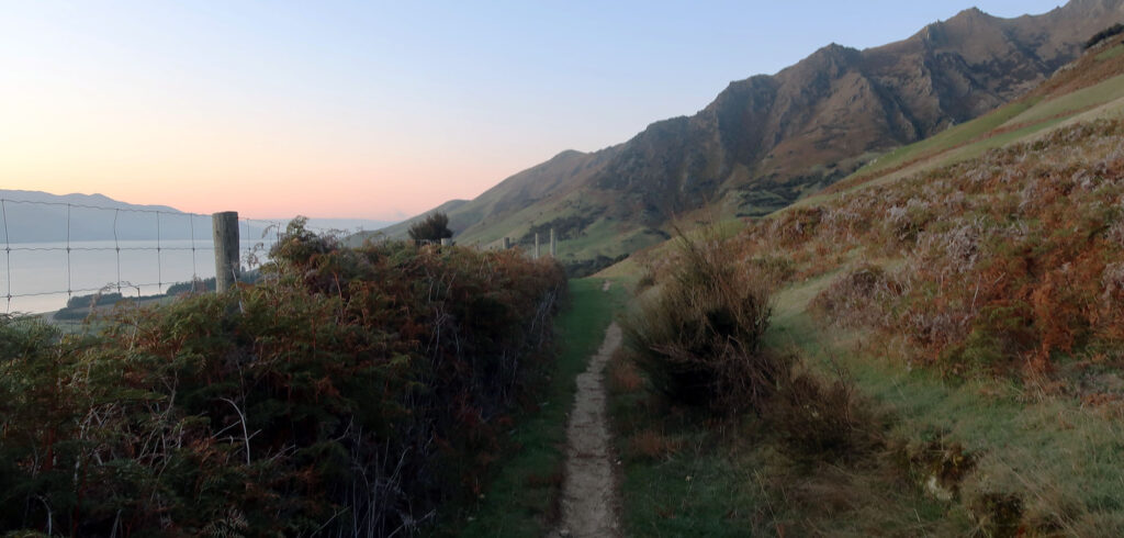 Morning light above Lake Hāwea as the trail runs along a farm's boundary fence.