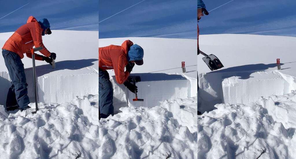 Our instructor dug a snow pit to study the snowpack's strength. The snowpit forms a signature component of the AIARE 1 Avalanche Awareness course. The goal is not to turn students into pit-digging experts, but instead educate them about the practice and how avalanche forecasts are built.