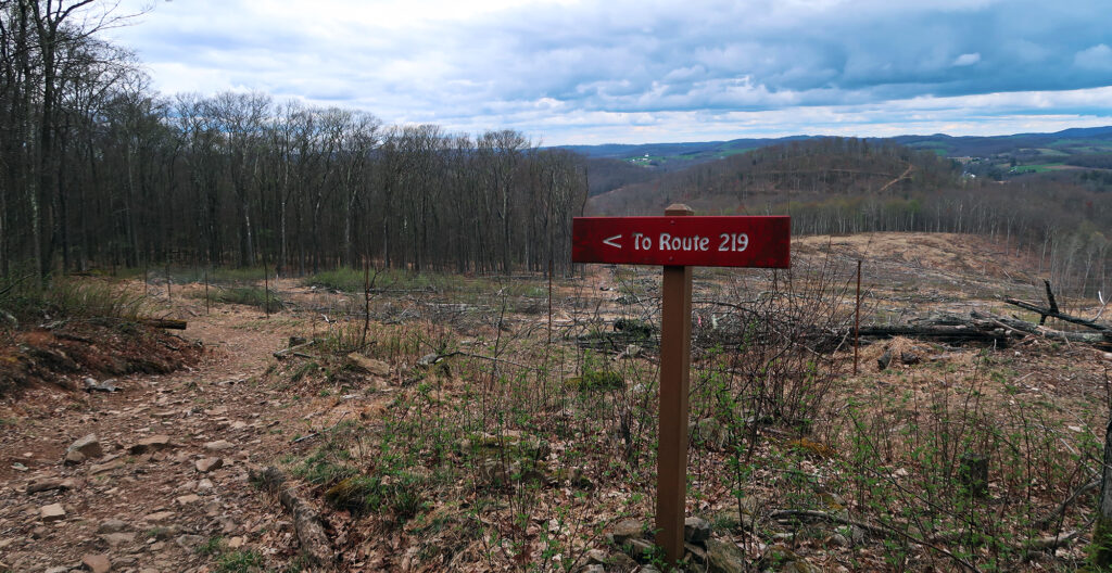 Signage along the trail as it passes above a large clear-cut area.
