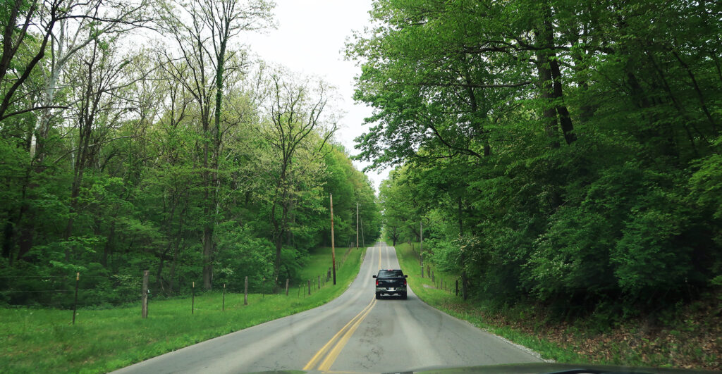 Verdant spring foliage in southwestern Ohio, en route to Hoosier Hill, the Indiana High Point.