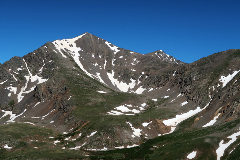 Grays Peak, "from behind," with Torreys poking its head out to the right. Grays is the highest point along North America's "Great Divide."