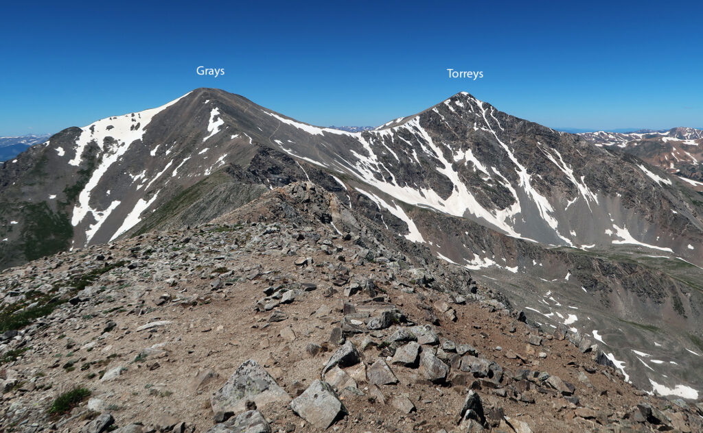 Grays and Torreys, the Divas of the Great Divide, seen from near Mount Edwards' summit.