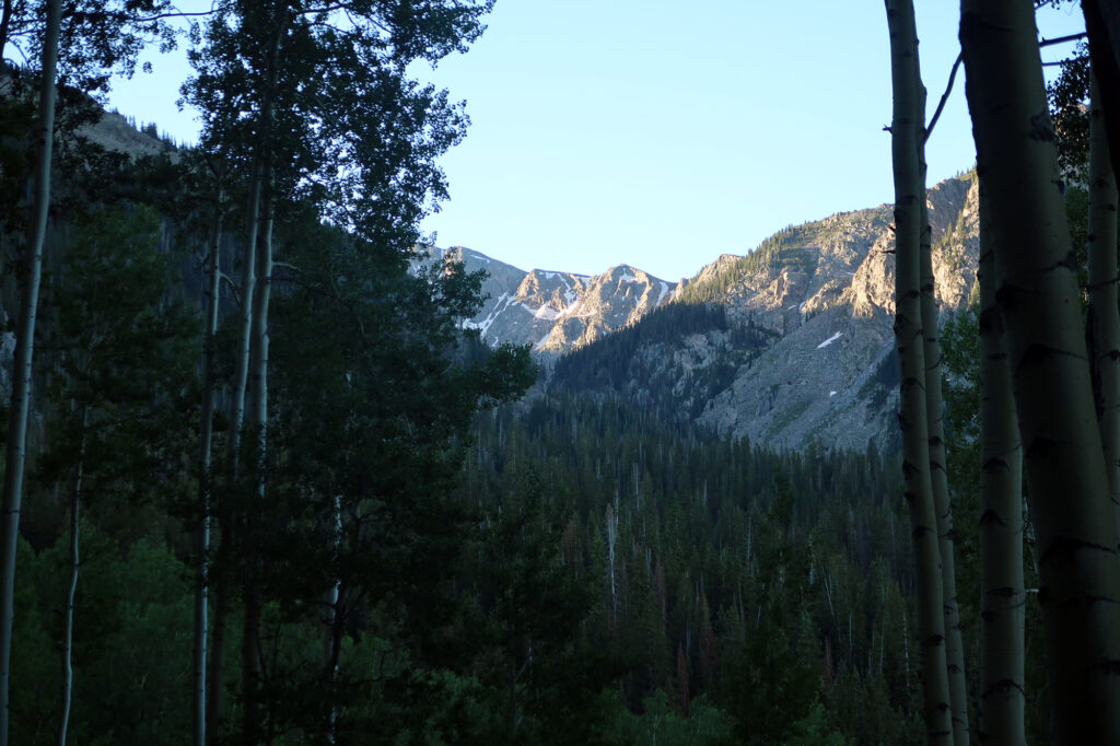 Morning light on other nearby craggy summits of the Northern Sawatch.