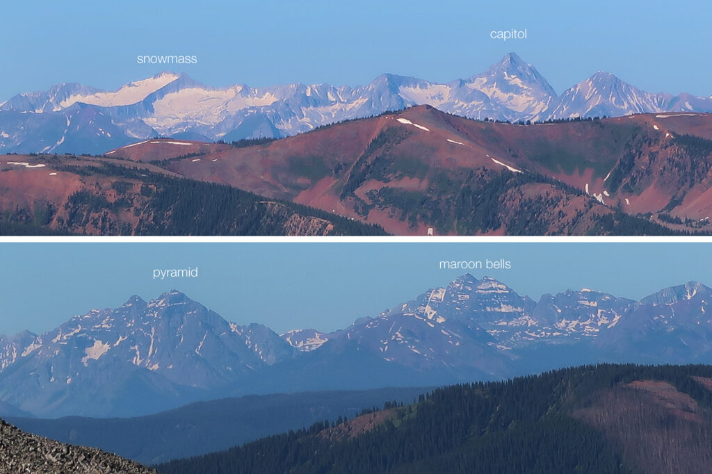 The Elk 14ers arrayed in a line, as seen from New York Mountain.