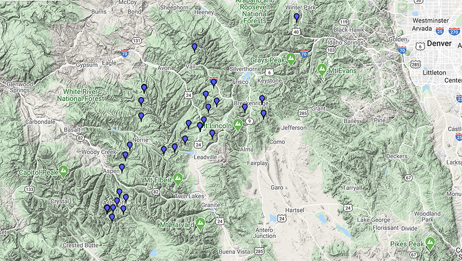Map of backcountry huts in the extended 10th Mountain Division network.