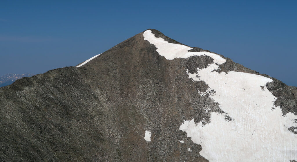A head-on view of Crystal Peak. I ascended the left (dry) ridge, and descended the right (standard) route.