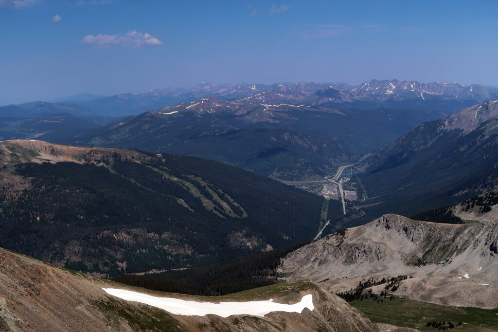 Copper Mountain Ski Area, I70, and the Gore Range from Crystal Peak.