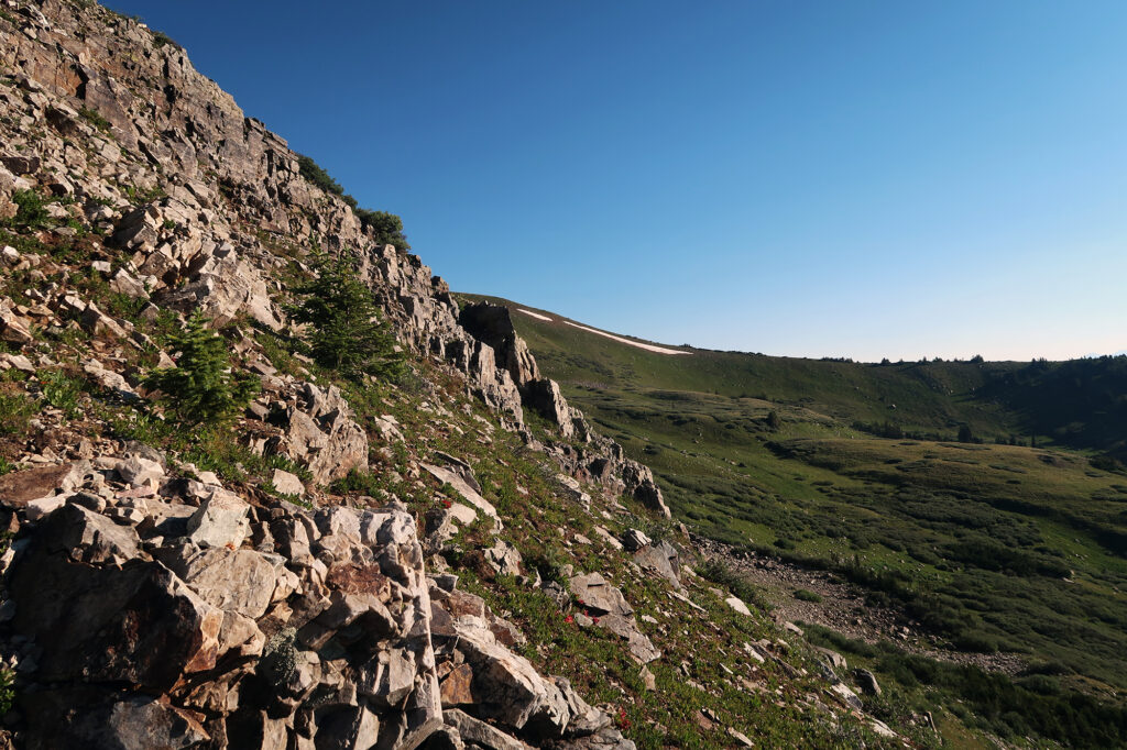 Rocky slopes on the lower ridge.