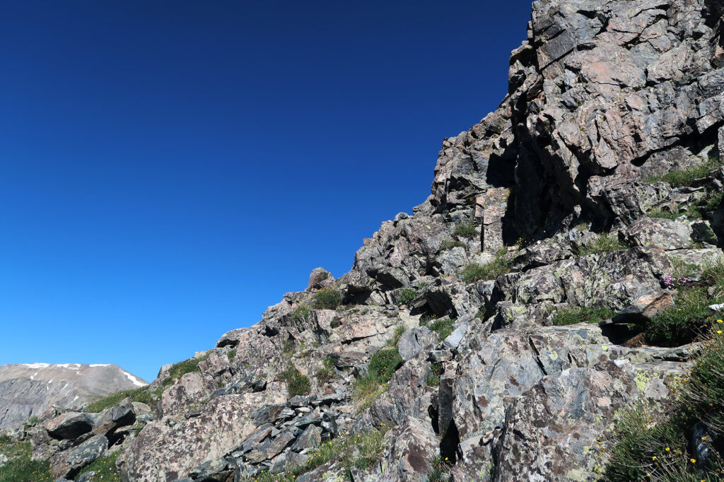 Heading up a slightly crux-y section to the right.