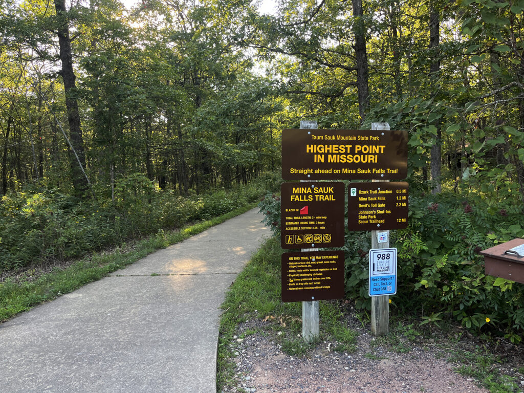 Trailhead signage for the short, paved walk to Missouri's high point on Taum Sauk Mountain.