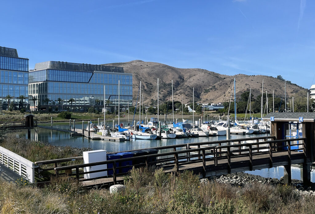 San Bruno Mountain rises above the marina at Oyster Point, in South San Francisco.