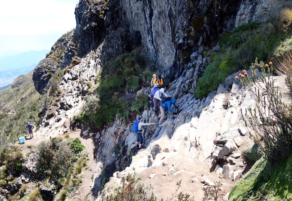 Traversing a short, tricky section beneath Ruku Pichincha's summit.