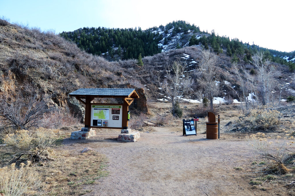 The trailhead for Mount Galbraith, just west of Golden, on a sunny day in March.