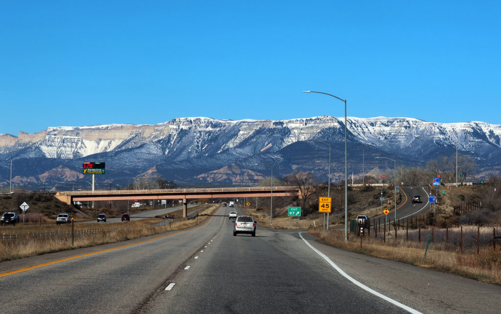 A dusting of snow above I-70 on the Roan Plateau, near Rifle, Colorado.
