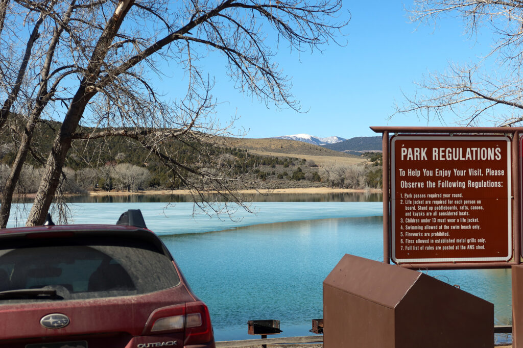 Parking across from the jeep trail up the Grand Hogback at Harvey Gap and the Grass Valley Reservoir.