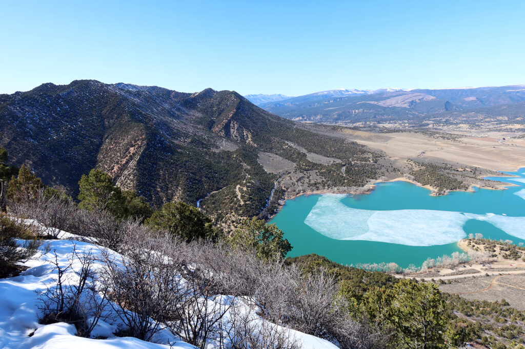 Views from the top of the jeep road, across Harvey Gap and of the Harvey Gap Reservoir.  The upturned layers of the Grand Hogback are on full display!