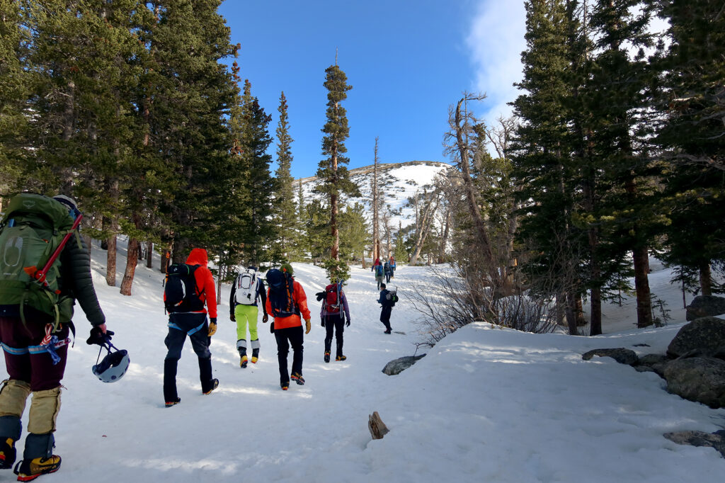 Our team of students and instructors headed out to St Mary's Glacier to practice basic crampon and ice axe techniques.