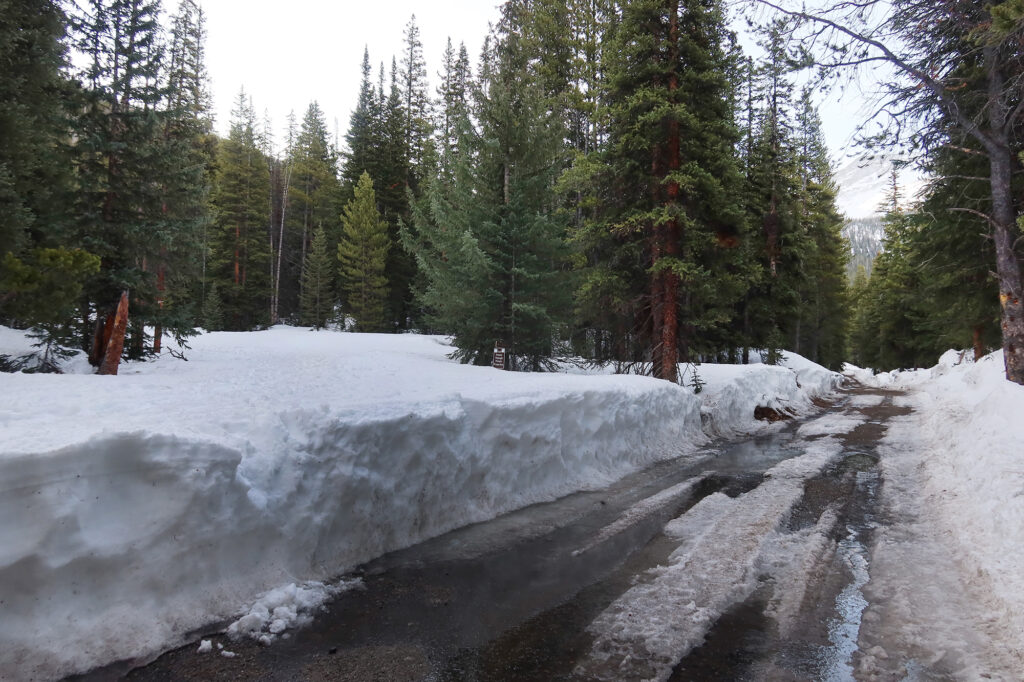 Deep snowpack where our trail diverged from the plowed roadway.