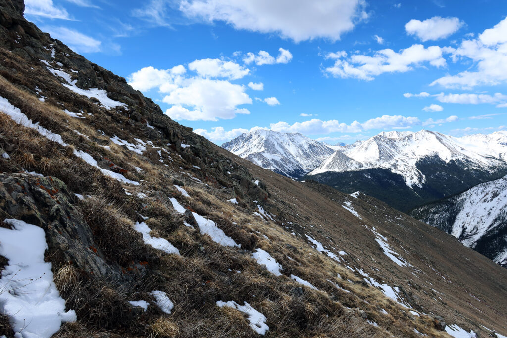 Grassy slopes midway up the mountain.