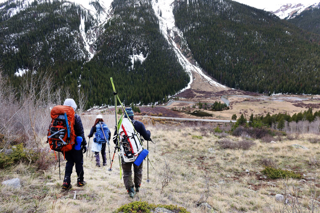 Hiking out to the road below.