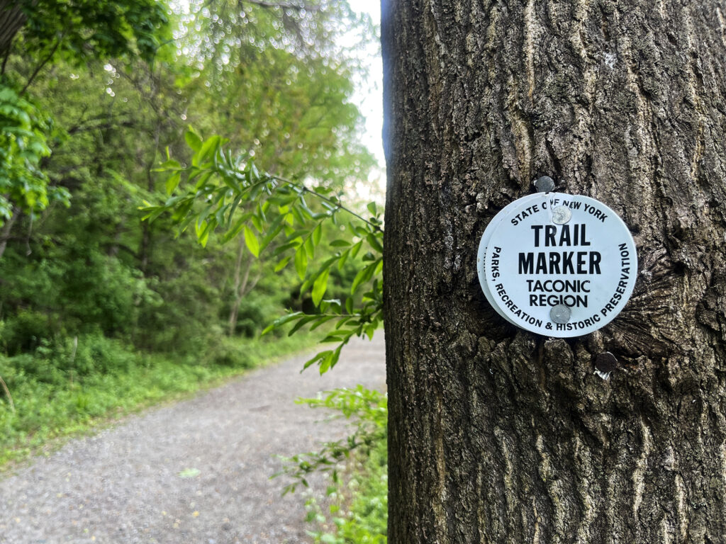 Blue markers along the Washburn Trail up Bull Hill near Cold Spring, NY.