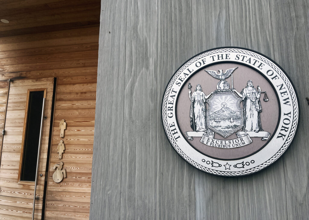 The New York State seal on the new Lake Minnewaska visitor center.