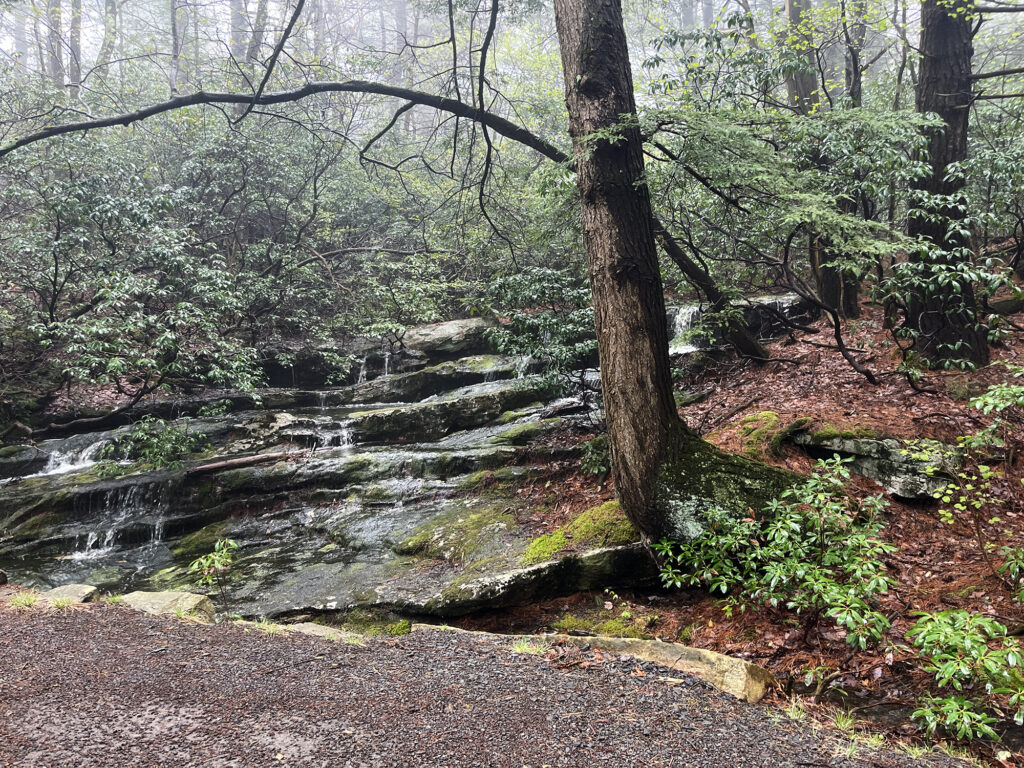 A small stream tumbles down layers of shale and beneath the carriage path en route to Lake Awosting.