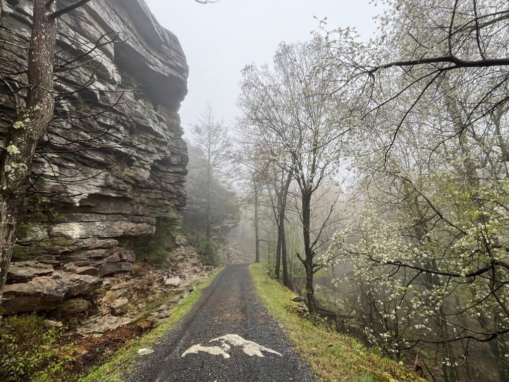 A beautiful carriage path running beneath rugged cliffs near Lake Awosting.