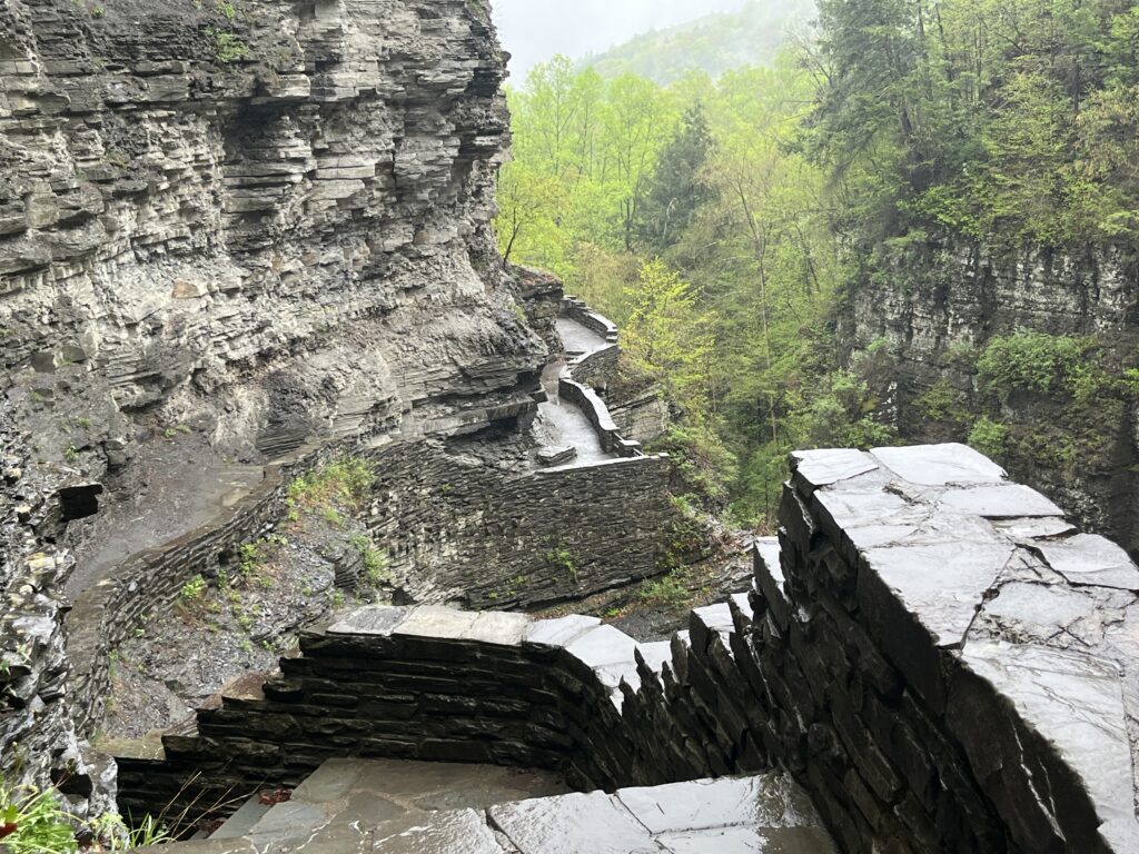 A look back down the robust stone stairways of the Gorge Trail.