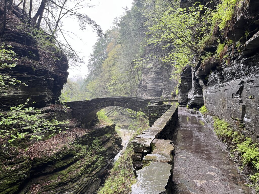 A handsome arched bridge over the narrow gorge.