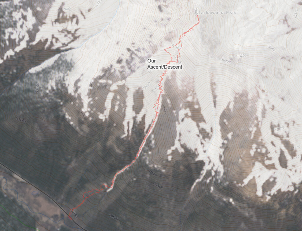 Our route, in red, superimposed on satellite imagery of the snowpack that weekend.
